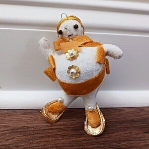 Vintage Flocked Snowman White Gold Snowshoes Dancing Ornament 4.5" Blow Mold